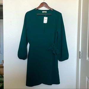 NWT emerald green Madewell wrap puff sleeve dress
